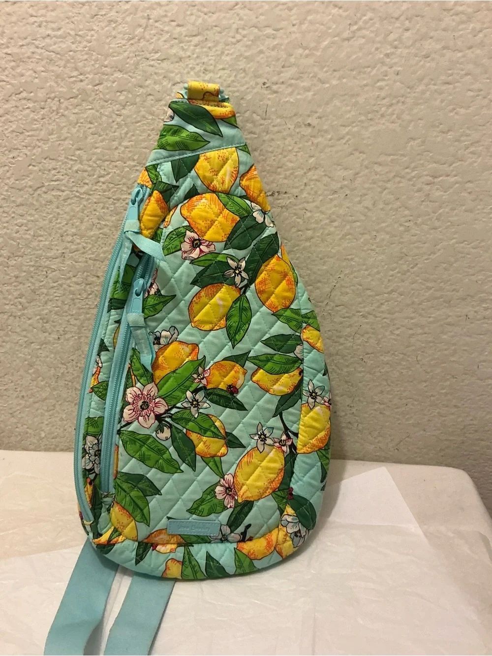 Vera Bradley Lemon Print Quilted Sling in Aqua